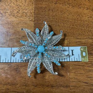 Weinman Brothers Silver Tone Faux Turquoise Stones Brooch 3 inch Rhinestones Vtg